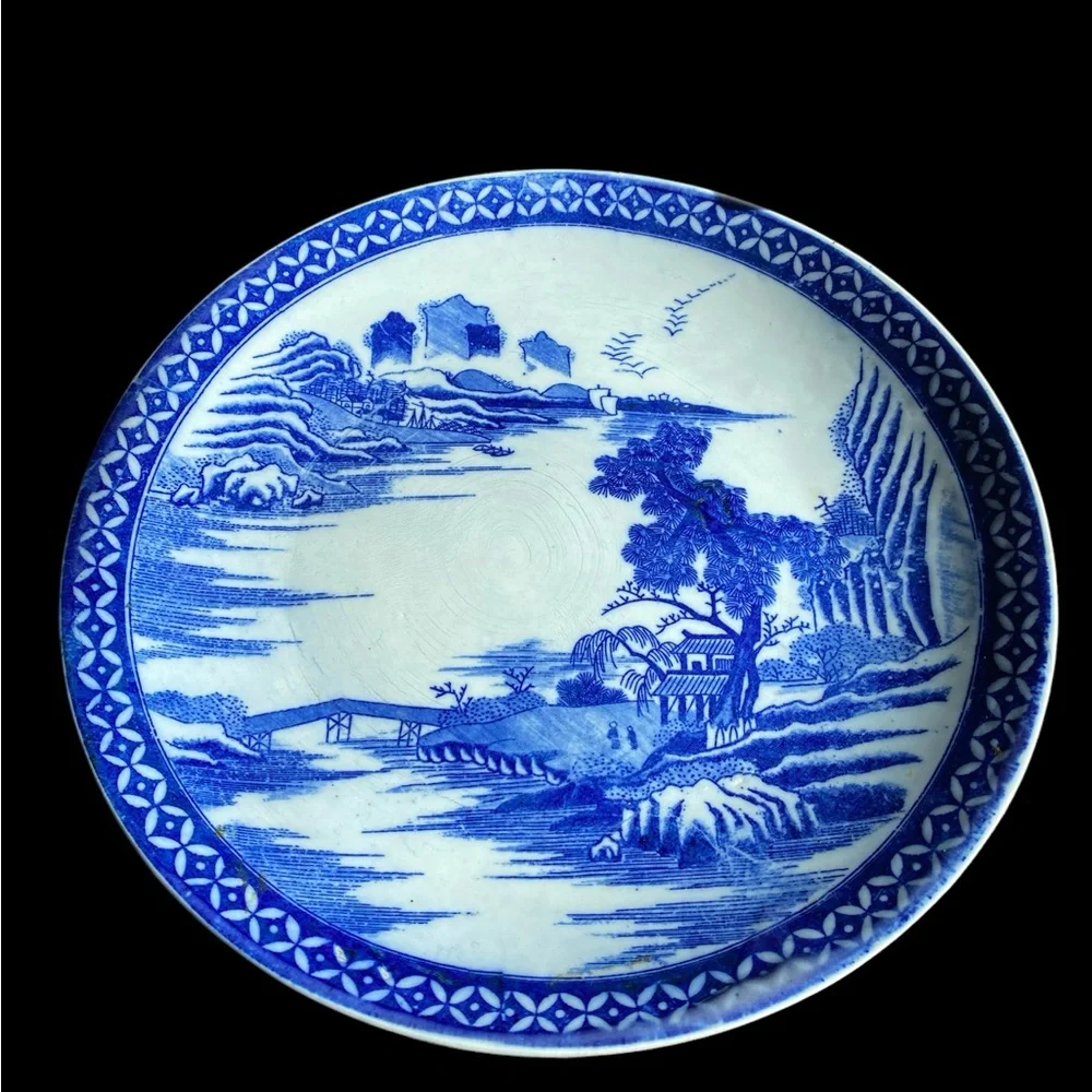 Vintage Japanese Blue & White Porcelain Serving Platter 12.25” Landscape Plate